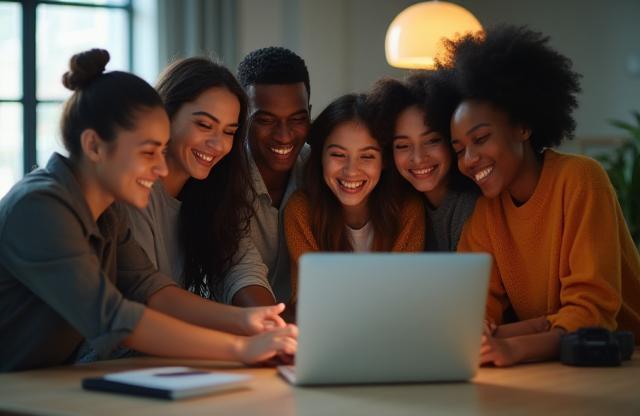 Diverse group of people collaborating on video project, smiling and looking at a laptop.