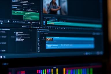 Close-up of a computer screen showing the complex interface of DaVinci Resolve video editing software.