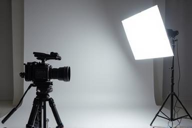 Camera and lighting setup in a studio environment, illustrating video production basics.