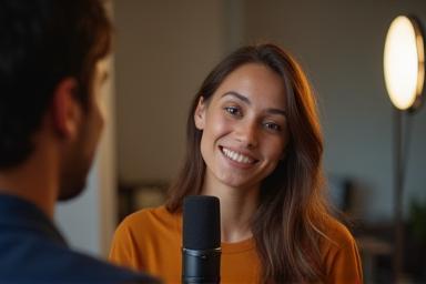 A person speaking into a microphone while looking at a camera or webcam, capturing a vlog entry.
