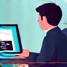 Illustration of someone accessing content on a digital device like a laptop or tablet.
